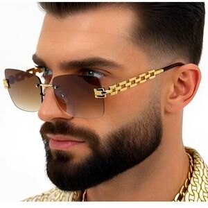 Men Sunglasses Square Gold Metal Frame Brown Lens‎ Hip Hop Street Shades Classic